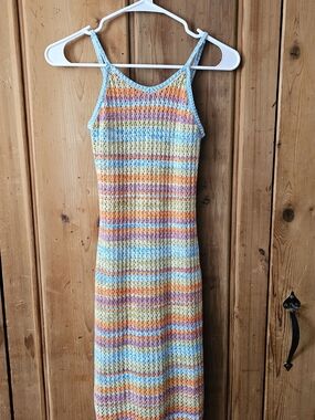 Freshman Pastel Striped Crochet Strapless Maxi Dress - Size 8-10